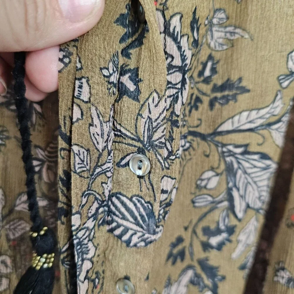 Free People‎ XS Brown Neutral Tone Floral Boho Prairie Cottage Fall Harvest Top